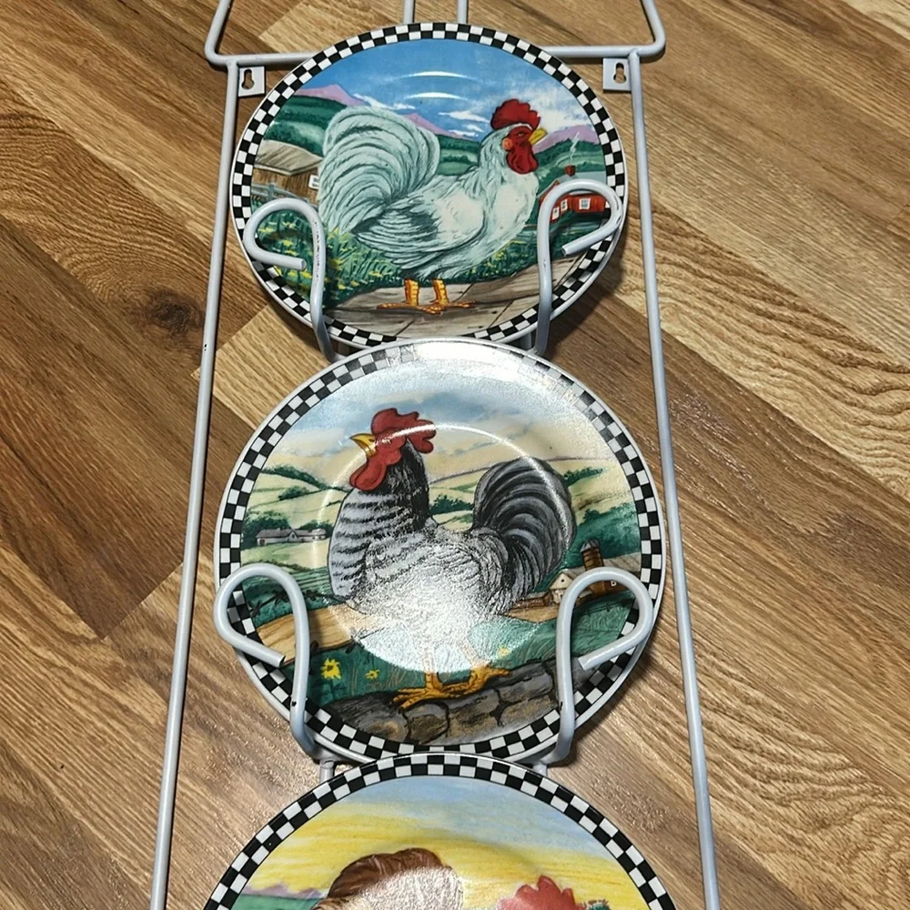 Vintage rooster wire plate wall decor 3 rooster plates set